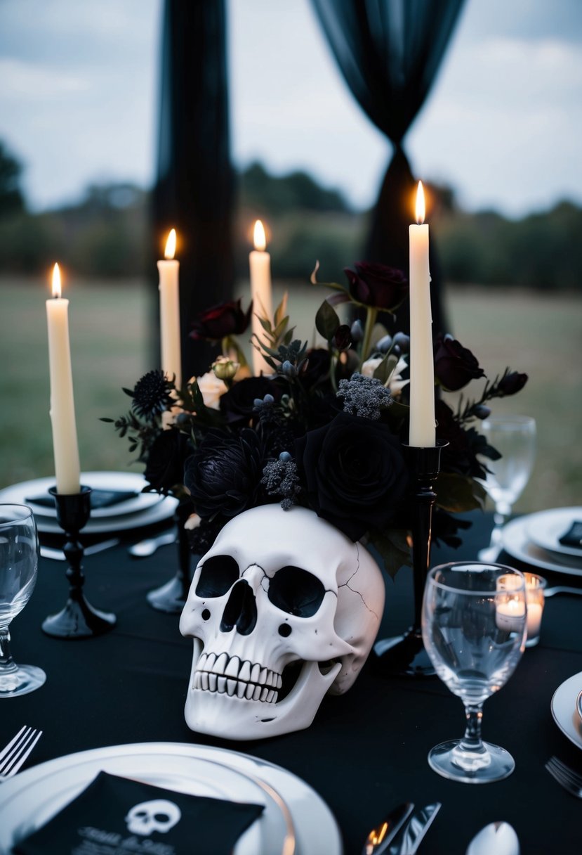 A skull-themed table setting for a Halloween wedding, with black and silver accents, eerie candlelight, and dark floral arrangements