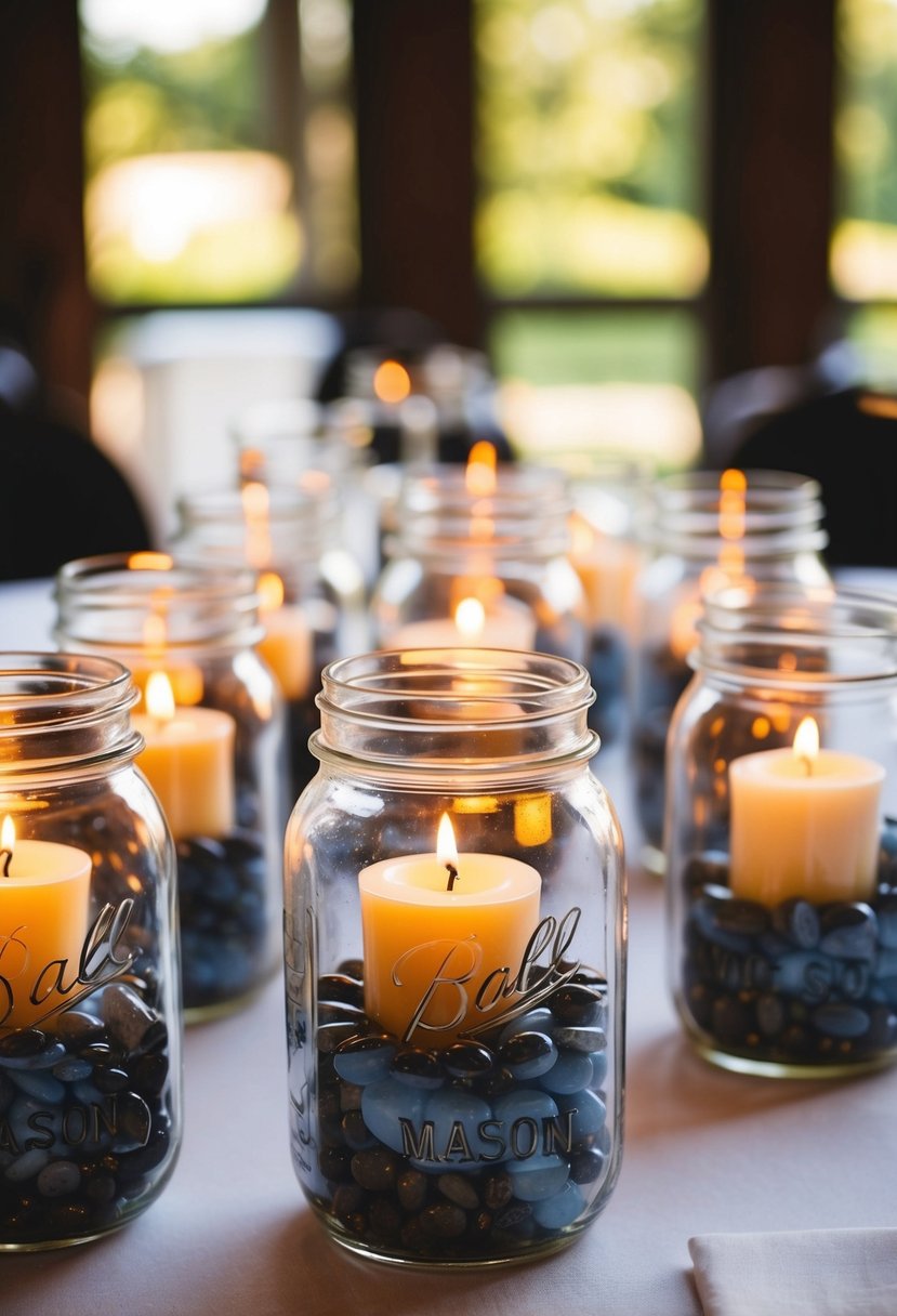 Mason jars filled with pebbles and candles arranged as wedding centerpieces