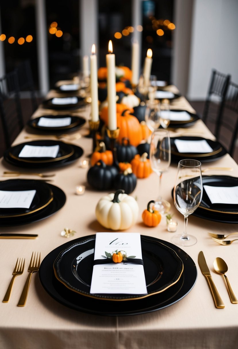 Black and gold dinnerware arranged on a festive Halloween wedding table