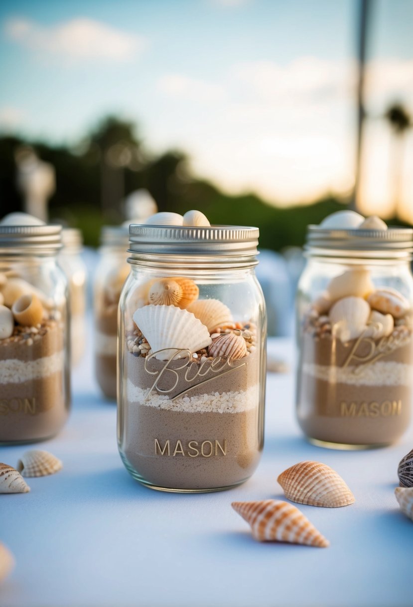 Mason jars filled with sand and seashells, arranged as beach wedding centerpieces