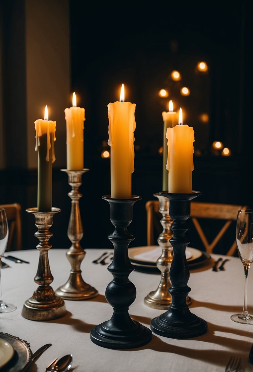 A table adorned with mismatched vintage candlesticks, casting eerie shadows in a dimly lit room for a Halloween wedding