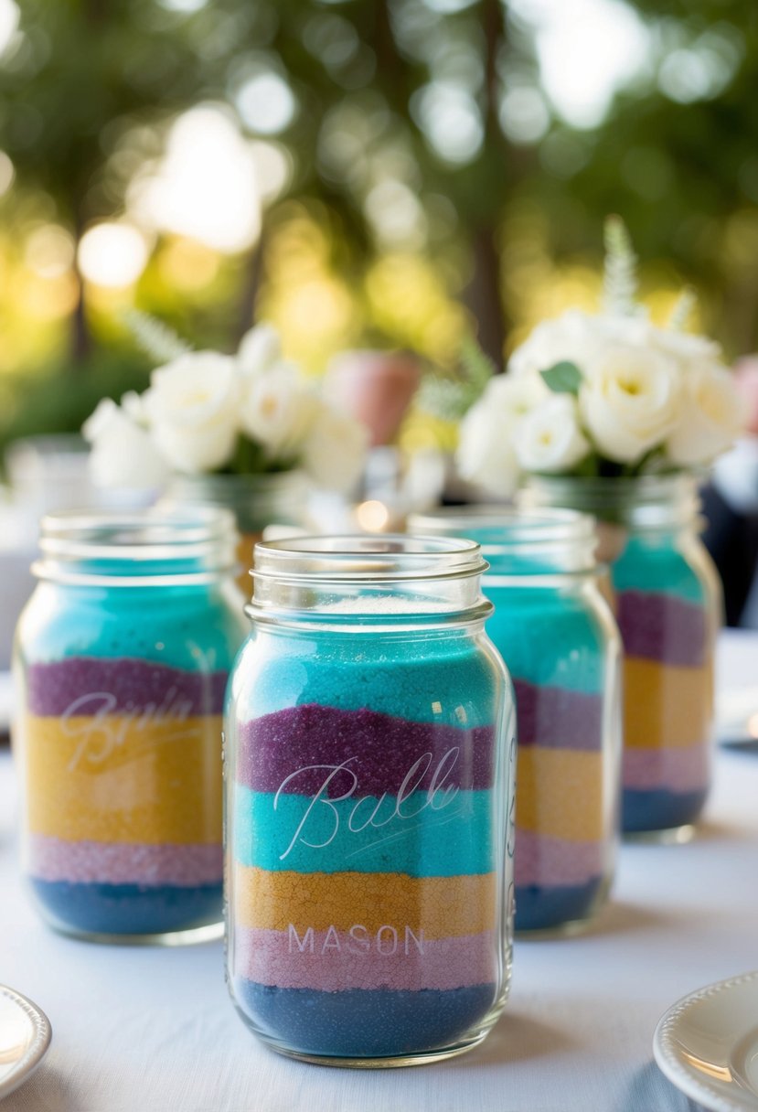 Mason jars filled with layers of colored sand, arranged as unique wedding centerpieces