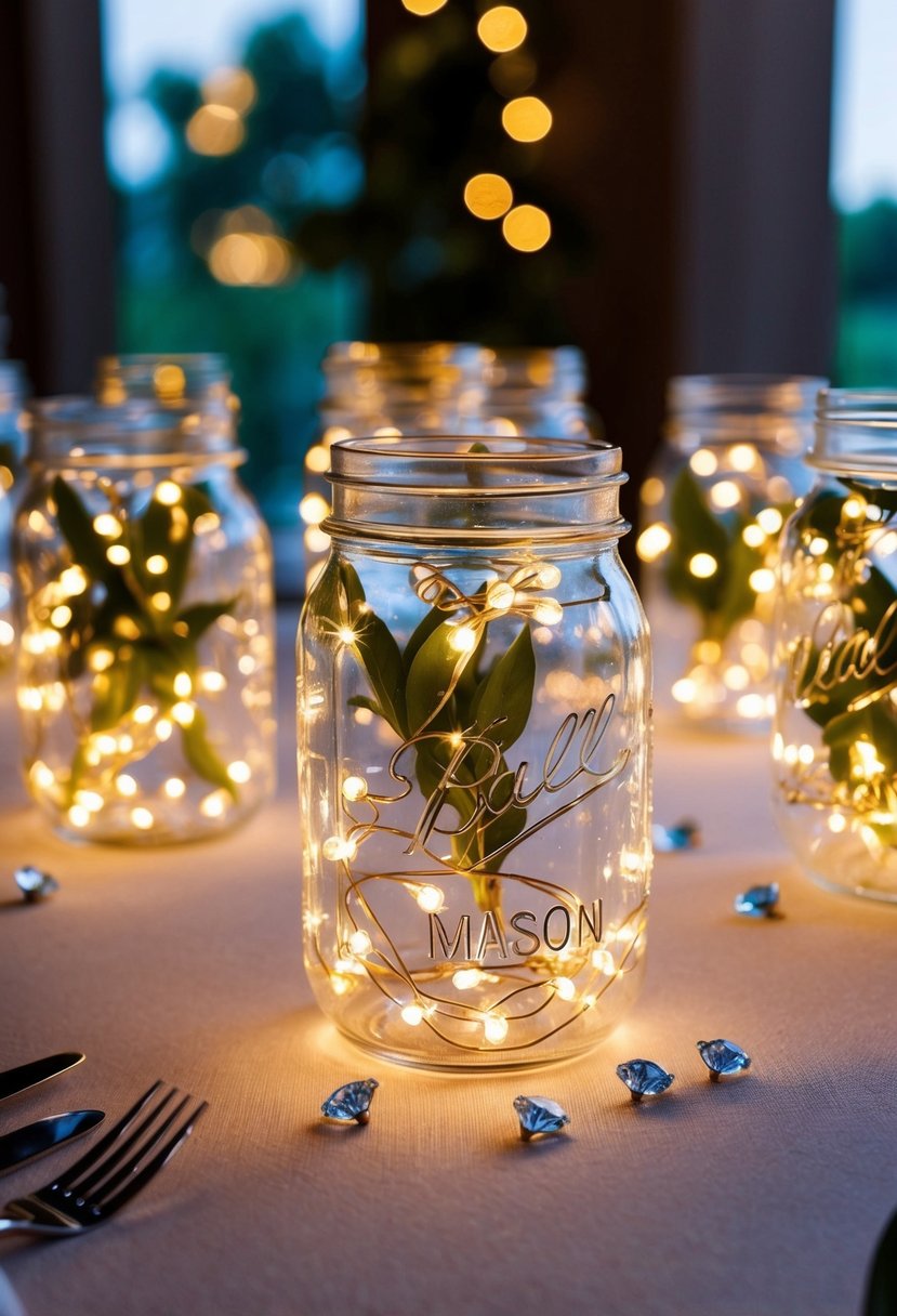 Mason jars filled with glowing LED lights and sparkling gems arranged as wedding centerpieces