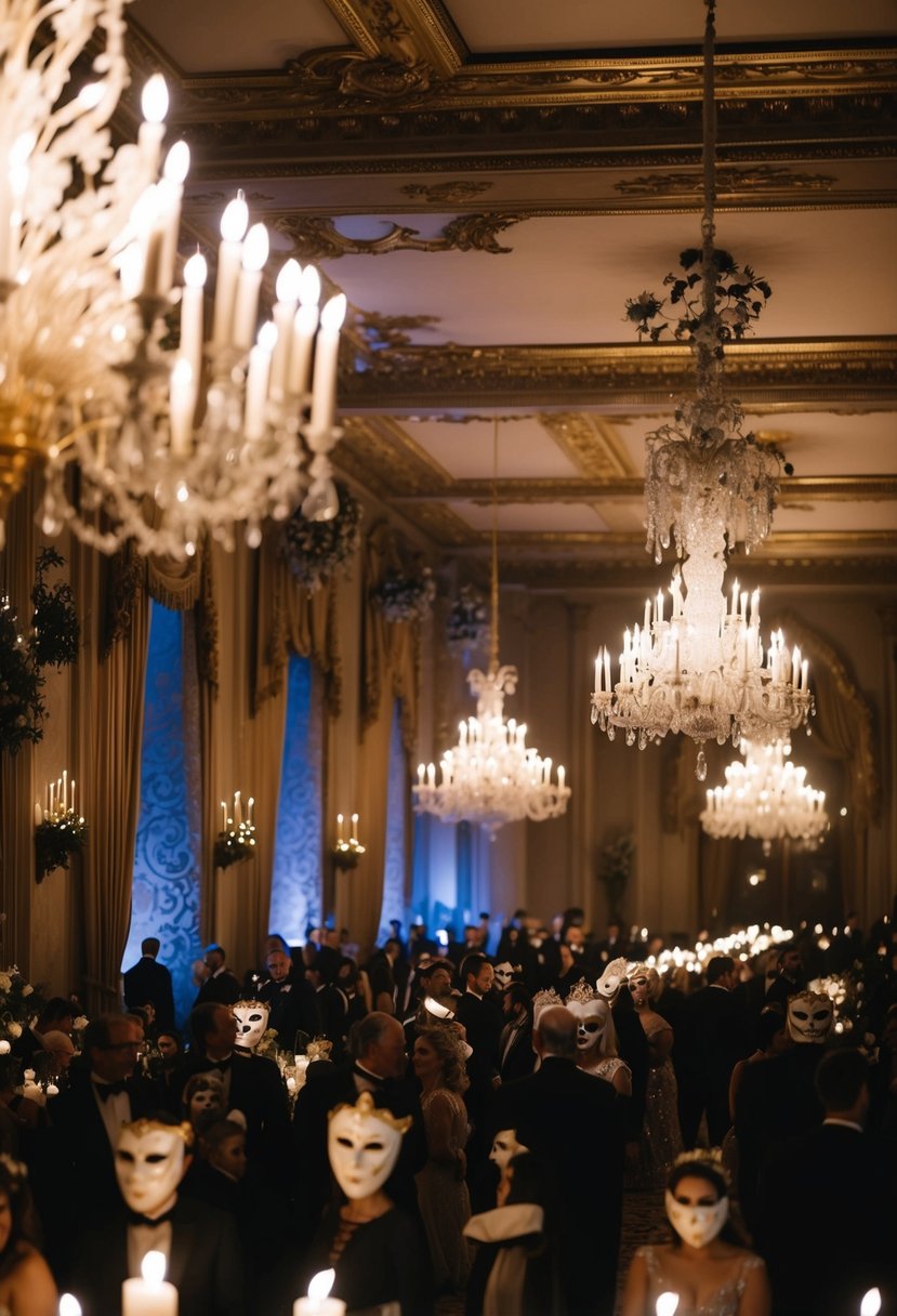 A grand ballroom adorned with ornate masks and eerie decor, lit by flickering candlelight and filled with costumed guests