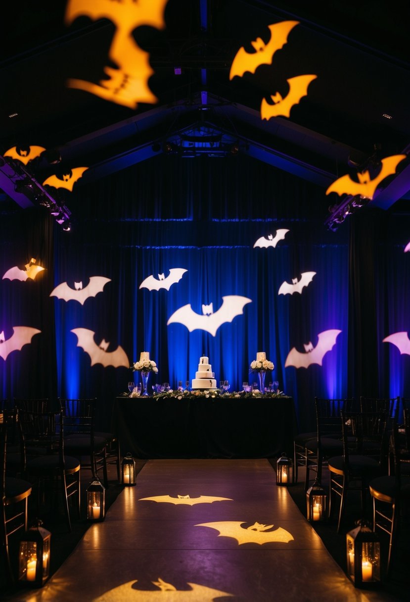 A dark wedding venue with bat-shaped lighting projections creating a spooky atmosphere for a Halloween-themed wedding