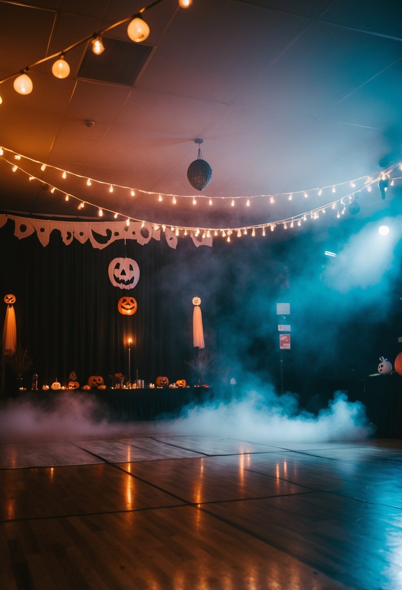 A fog-filled dance floor with eerie lighting and Halloween decor