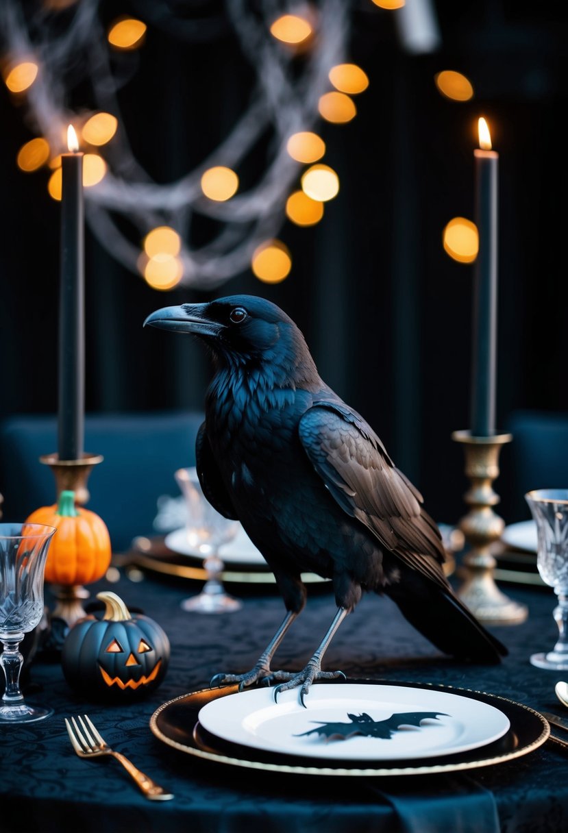 A black raven perched on a spooky, gothic wedding table adorned with dark decor and Halloween-themed accents