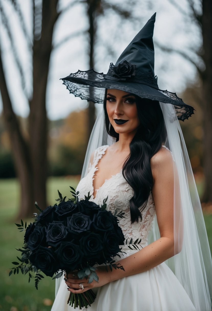 A witchy bride with black lace veil and bouquet of black roses at a spooky Halloween wedding