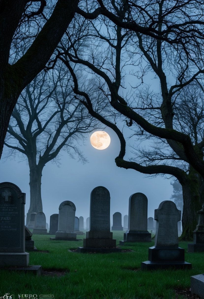 A foggy cemetery with crumbling headstones, twisted trees, and eerie moonlight