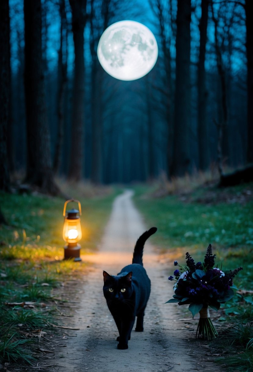 A moonlit forest clearing with a black cat crossing the path, a lone lantern flickering, and a bouquet of dark flowers