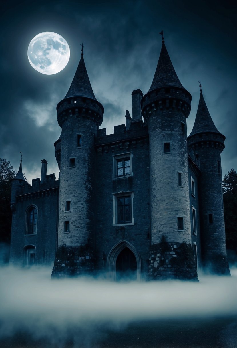 A dark, gothic castle with crumbling turrets and eerie mist surrounding it. The moon casts an ominous glow over the scene, setting the perfect stage for a Friday the 13th wedding