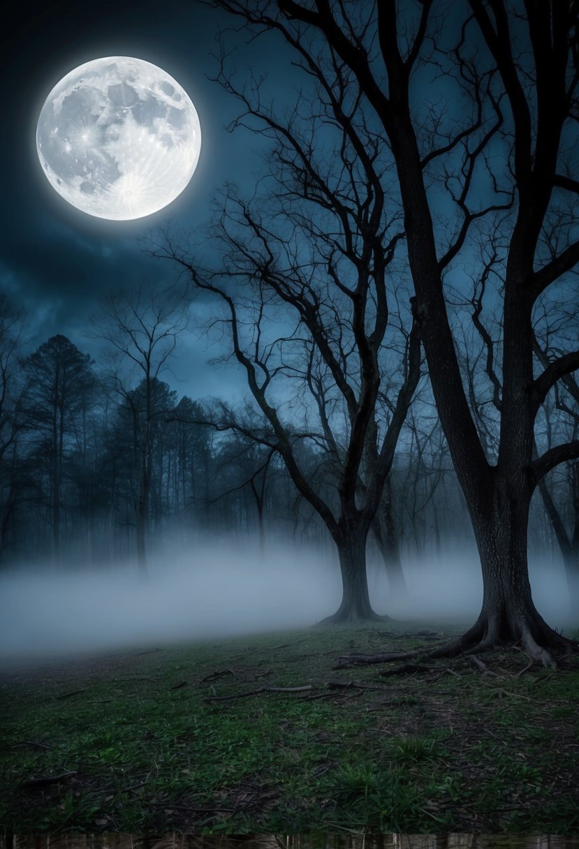 A shadowy forest clearing with a full moon, twisted trees, and eerie mist for a Friday 13th wedding invitation