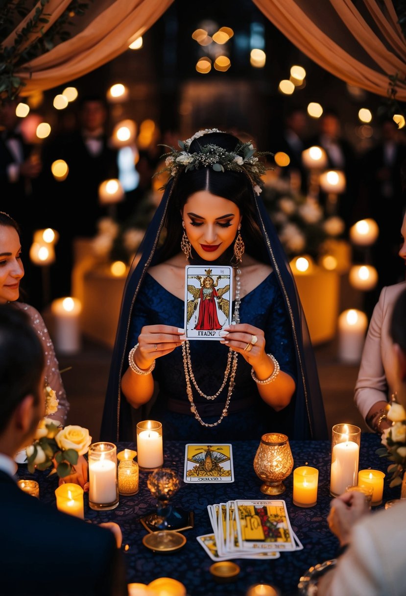 A mystical tarot card reader entertains guests at a Friday 13th wedding, surrounded by candles and draped in rich fabrics, with a mysterious and enchanting atmosphere