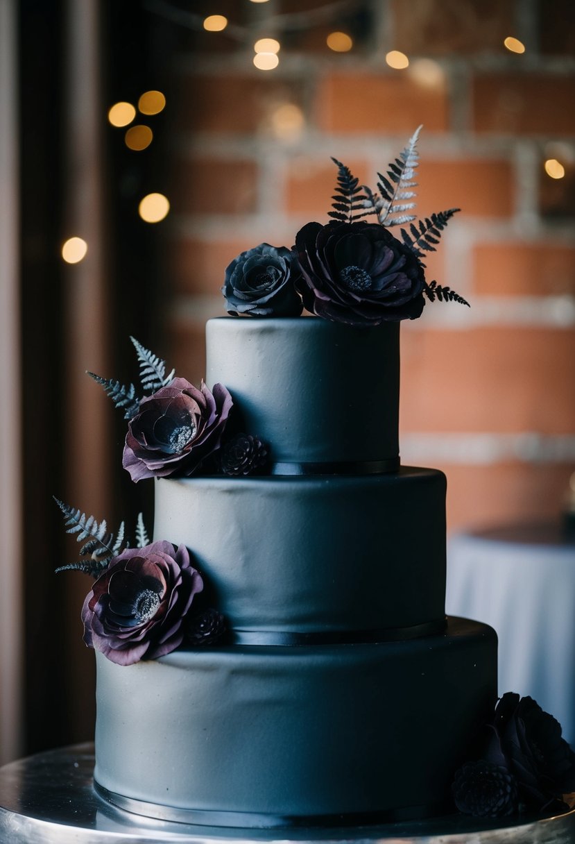 A three-tiered wedding cake covered in black fondant, adorned with dark flowers and gothic accents