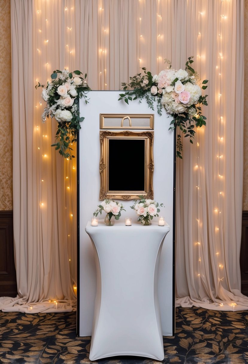 A photo booth at a wedding reception, adorned with flowers and twinkling lights, with a backdrop of cascading drapes and a vintage frame