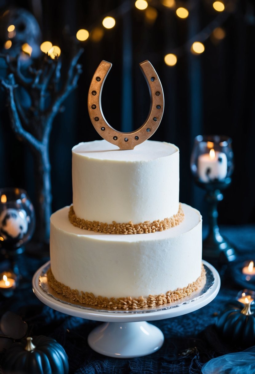 A wedding cake with a horseshoe cake topper, surrounded by eerie Friday the 13th decor