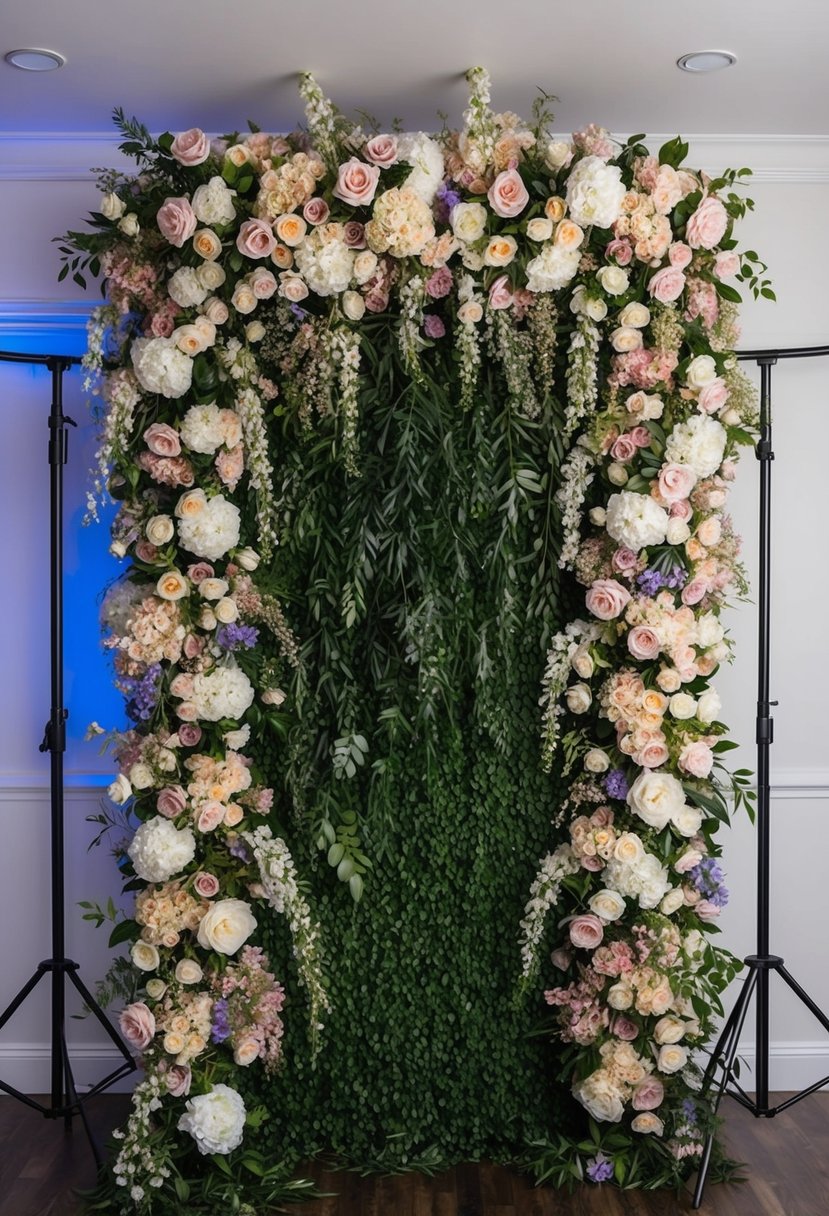 A lush floral wall serves as a photo booth backdrop at a wedding, with cascading blooms in various shades and sizes