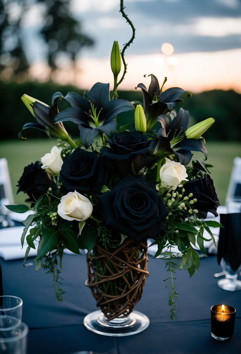 Dark roses, black lilies, and twisted vines entwined in eerie centerpieces for a Friday the 13th wedding