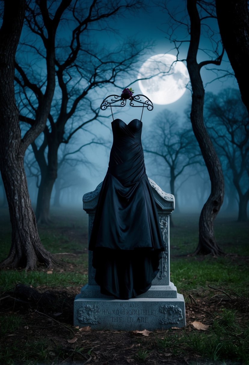 A dark forest clearing with a black wedding dress draped over a tombstone, surrounded by eerie moonlight and twisted trees