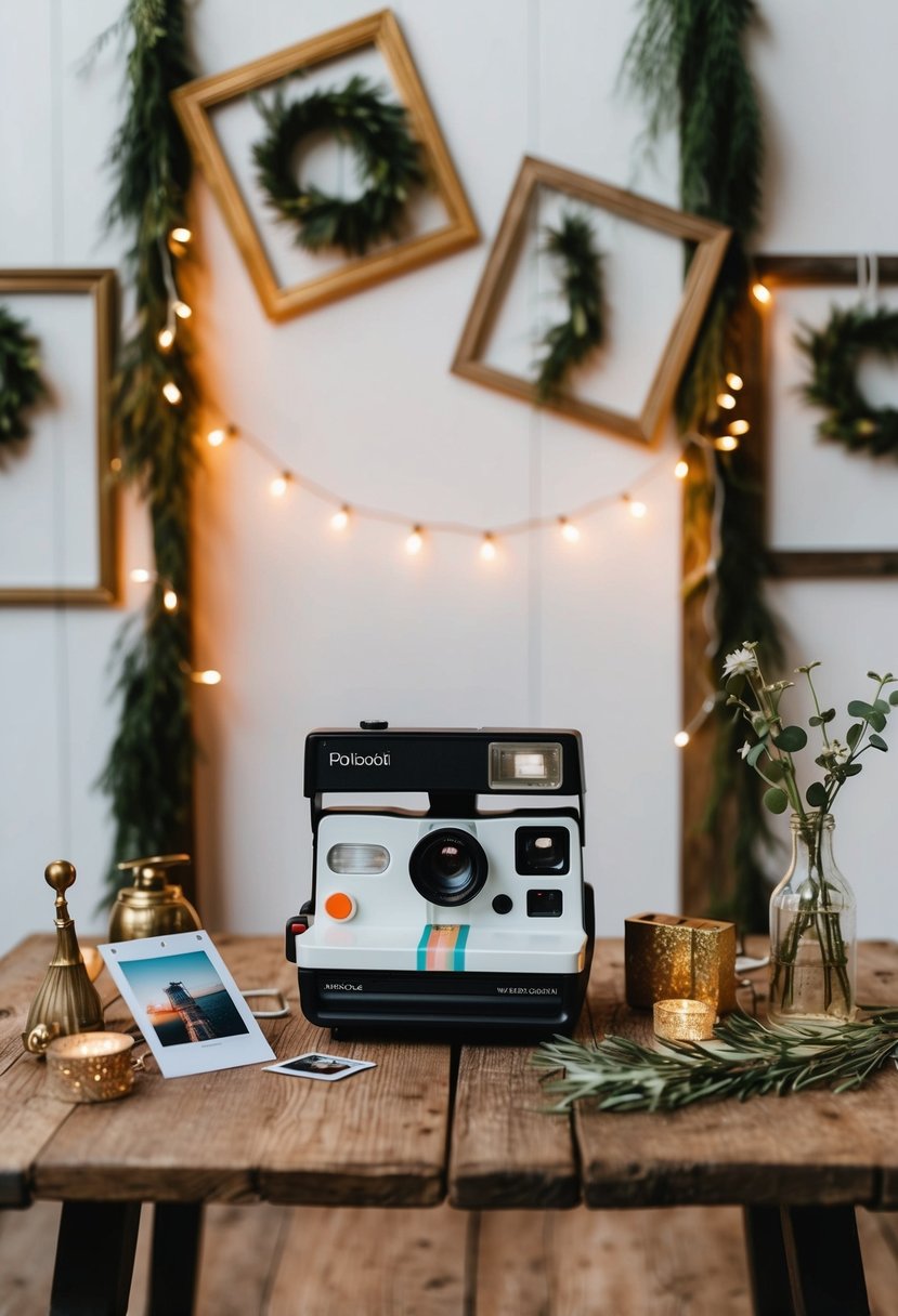 A rustic wooden table with a vintage Polaroid camera, assorted props, and a string of fairy lights, set against a backdrop of hanging frames and greenery