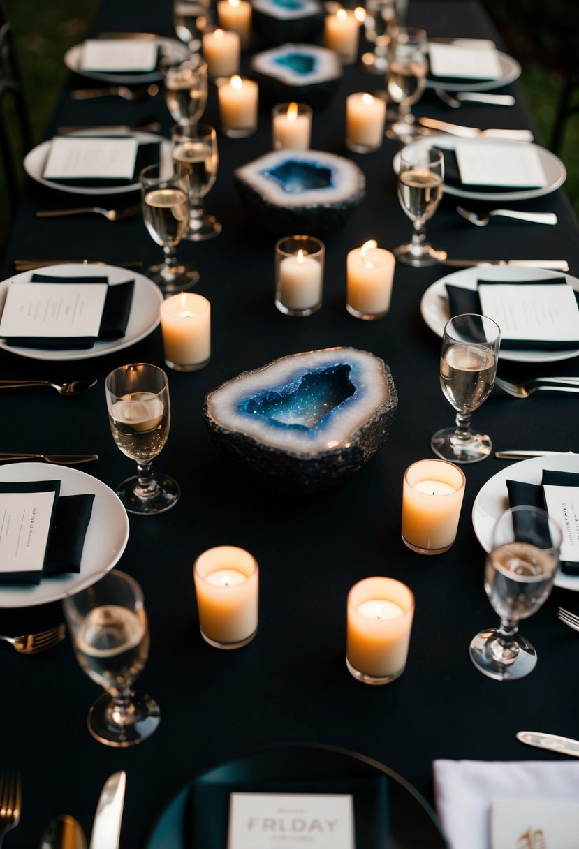 A black table adorned with geode centerpieces, surrounded by dimly lit candles, set for a Friday the 13th wedding celebration