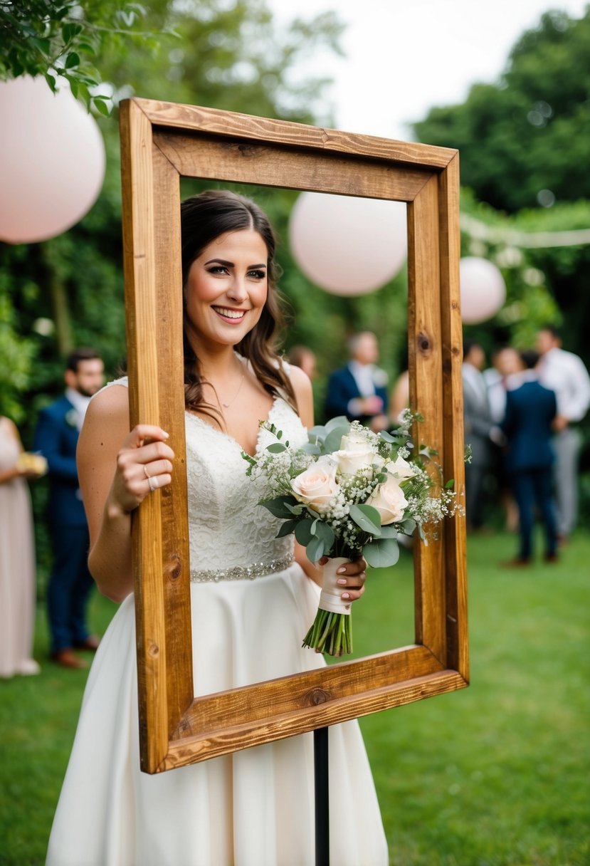 A rustic wooden frame photo booth in a garden wedding setting