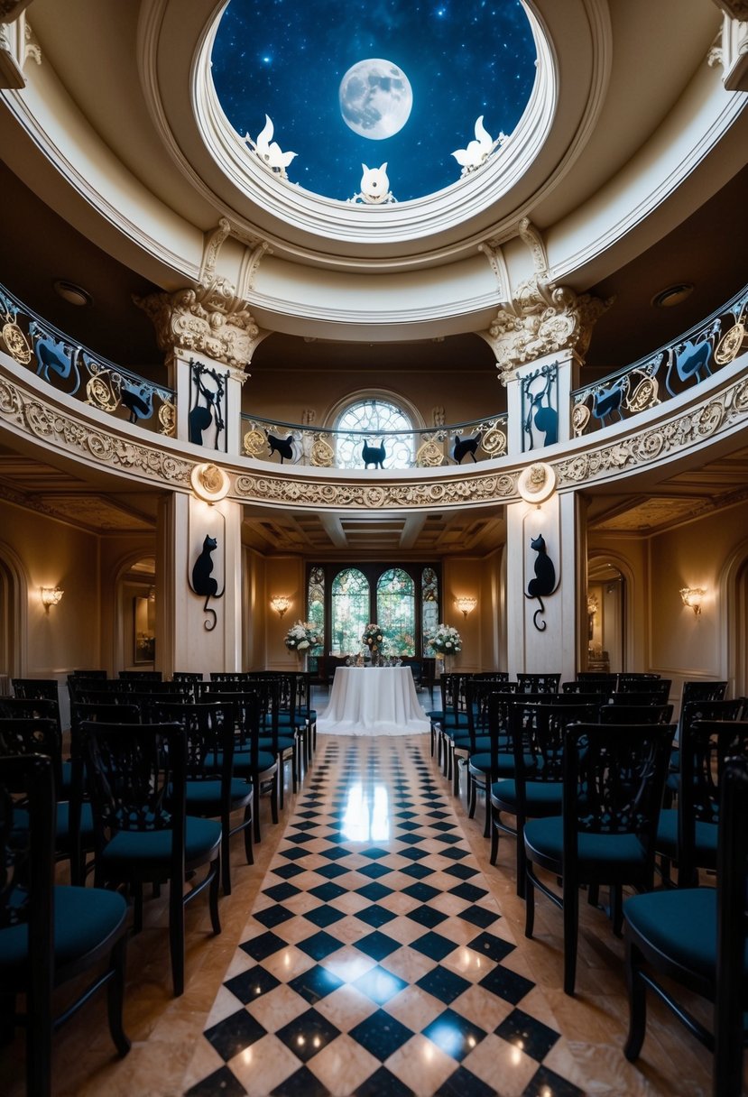 An ornate art nouveau wedding venue with black cat and moon motifs