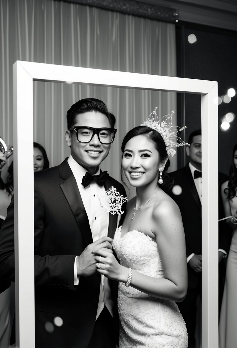 A sleek black and white photo booth with glam decor and elegant props for a wedding celebration