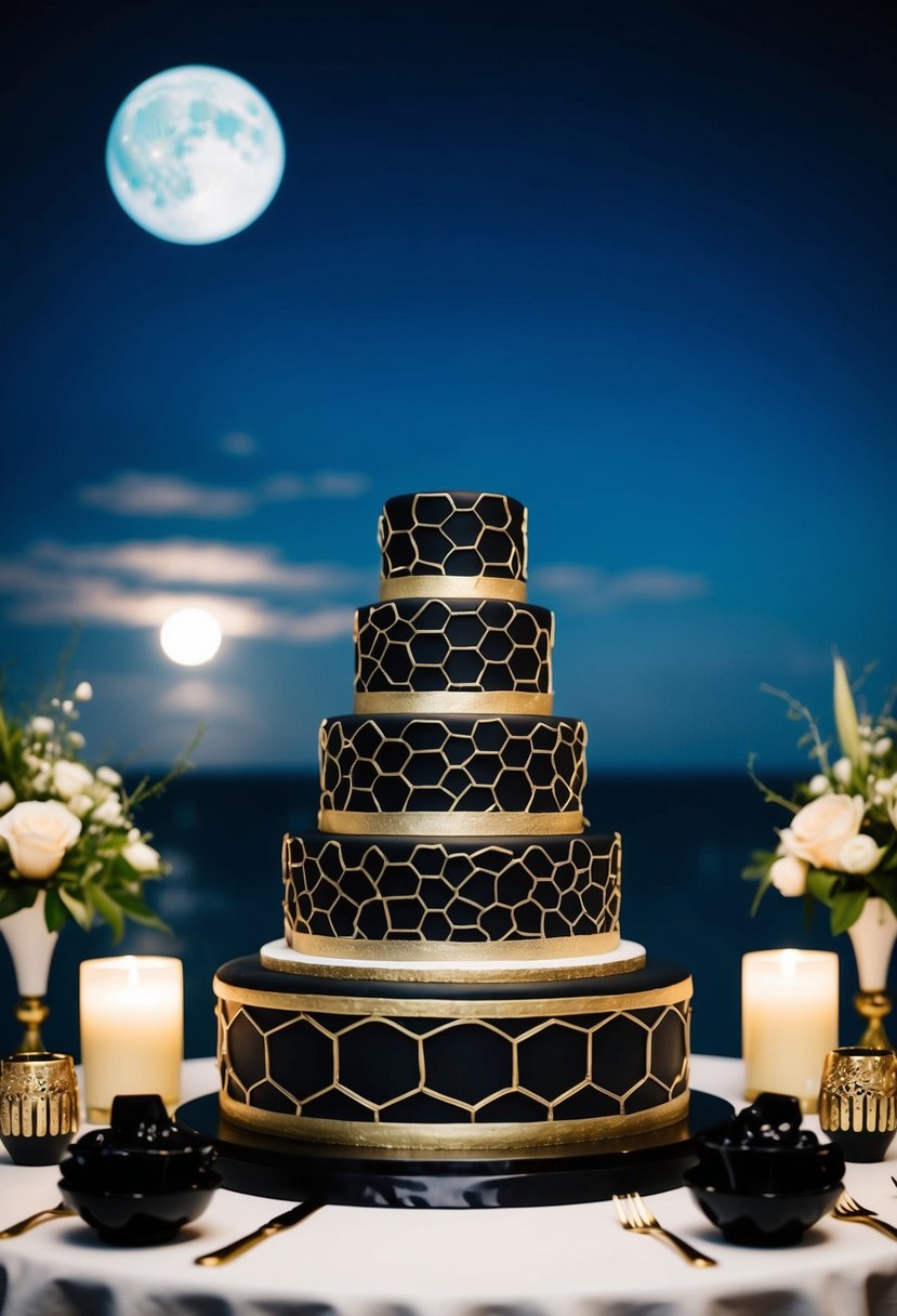 A black wedding cake with honeycomb-shaped accents sits on a table surrounded by black and gold decor. A full moon shines in the night sky