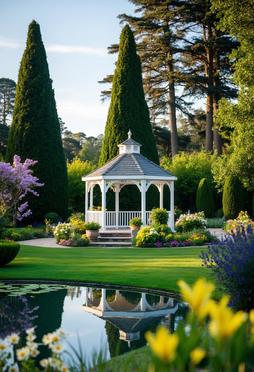 A picturesque outdoor garden with a gazebo and blooming flowers, surrounded by tall trees and a serene pond