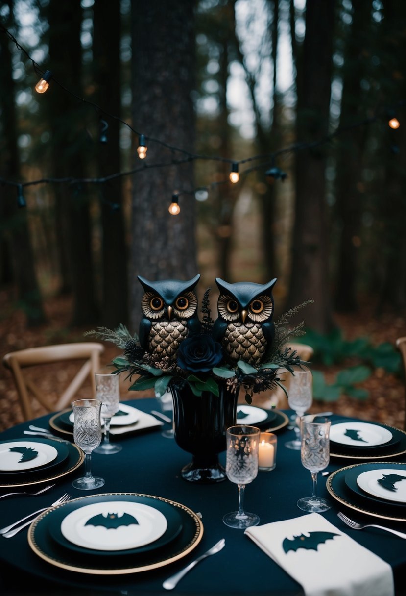 A dark, gothic table adorned with owl and bat decor for a Friday the 13th wedding