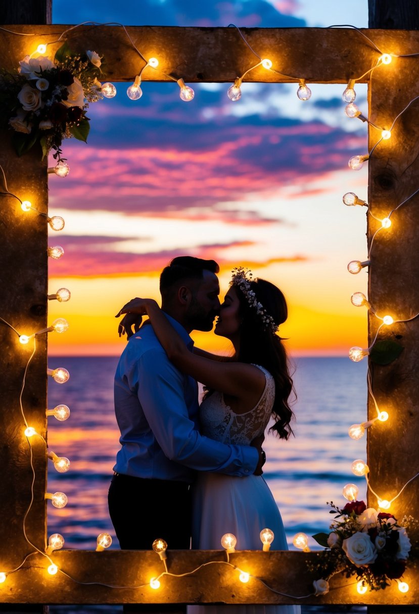 A couple embraces in a silhouette against a vibrant sunset, framed by a rustic photo booth adorned with fairy lights and flowers