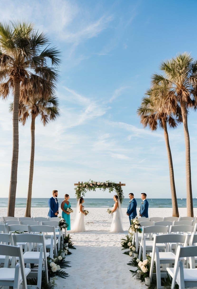 A beachside ceremony at a Jacksonville wedding venue, with white sand, palm trees, and a clear blue sky