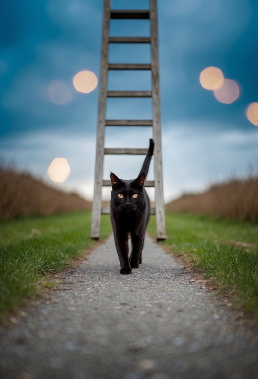 A black cat crossing a path under a ladder on Friday the 13th