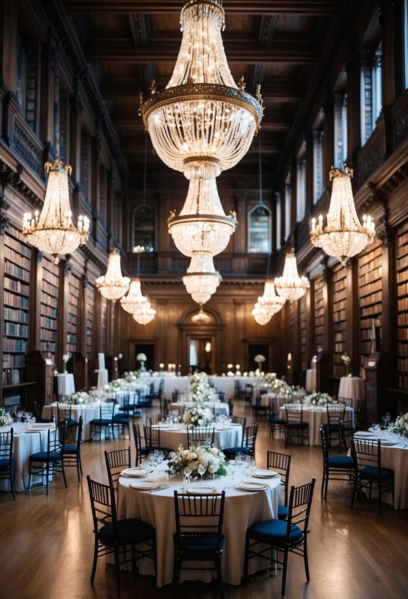 A grand historic library reception with towering bookshelves, elegant chandeliers, and ornate furniture, creating a sophisticated and romantic wedding venue