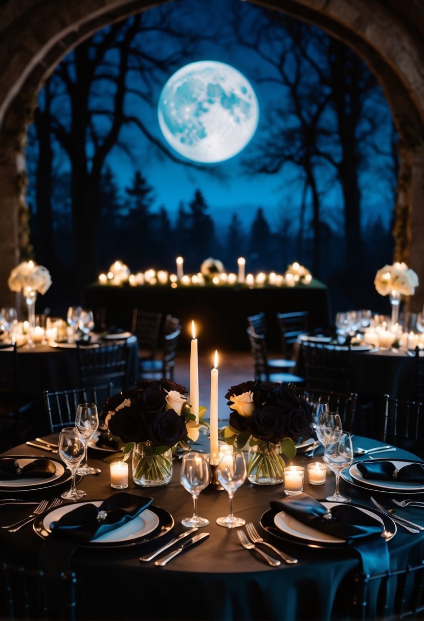 A dimly lit gothic wedding reception with black roses, candlelit tables, and a backdrop of a full moon and eerie forest