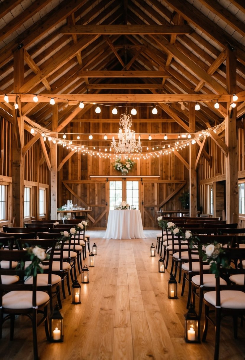 A charming rustic barn wedding venue, with string lights, wooden beams, and vintage decor