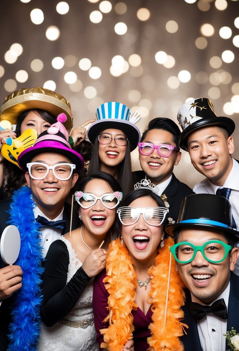 A photo booth at a wedding with themed props and costumes, including hats, glasses, boas, and other fun accessories