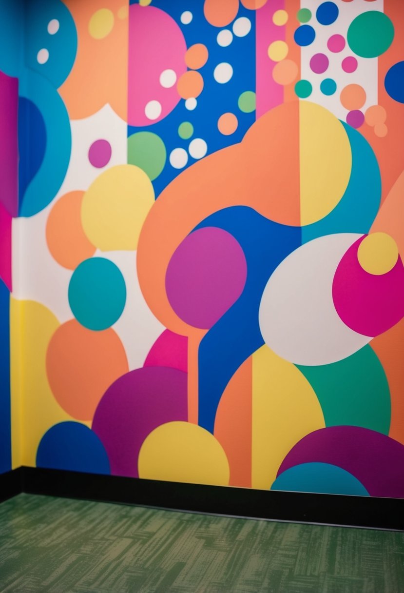 A colorful mural fills the background, featuring abstract shapes and vibrant patterns. The setting is ideal for a photo booth at a wedding, adding an artsy touch to the celebration