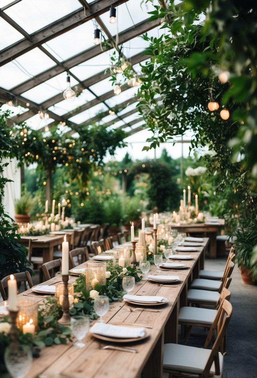 A sun-drenched greenhouse filled with lush greenery, rustic wooden tables, and soft candlelight, evoking a Tuscan-inspired wedding venue