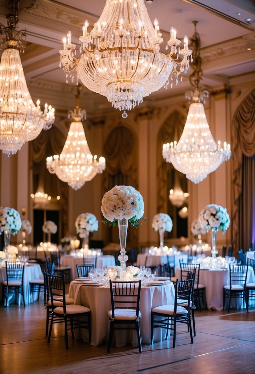 A grand ballroom with chandeliers, ornate decor, and a dance floor. The room is filled with elegant tables and chairs, and the atmosphere is romantic and enchanting