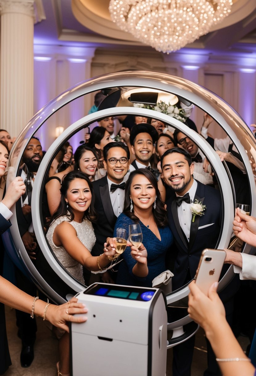 A 360-degree photo booth at a wedding, capturing guests in interactive poses and candid moments amidst elegant decor and festive ambiance