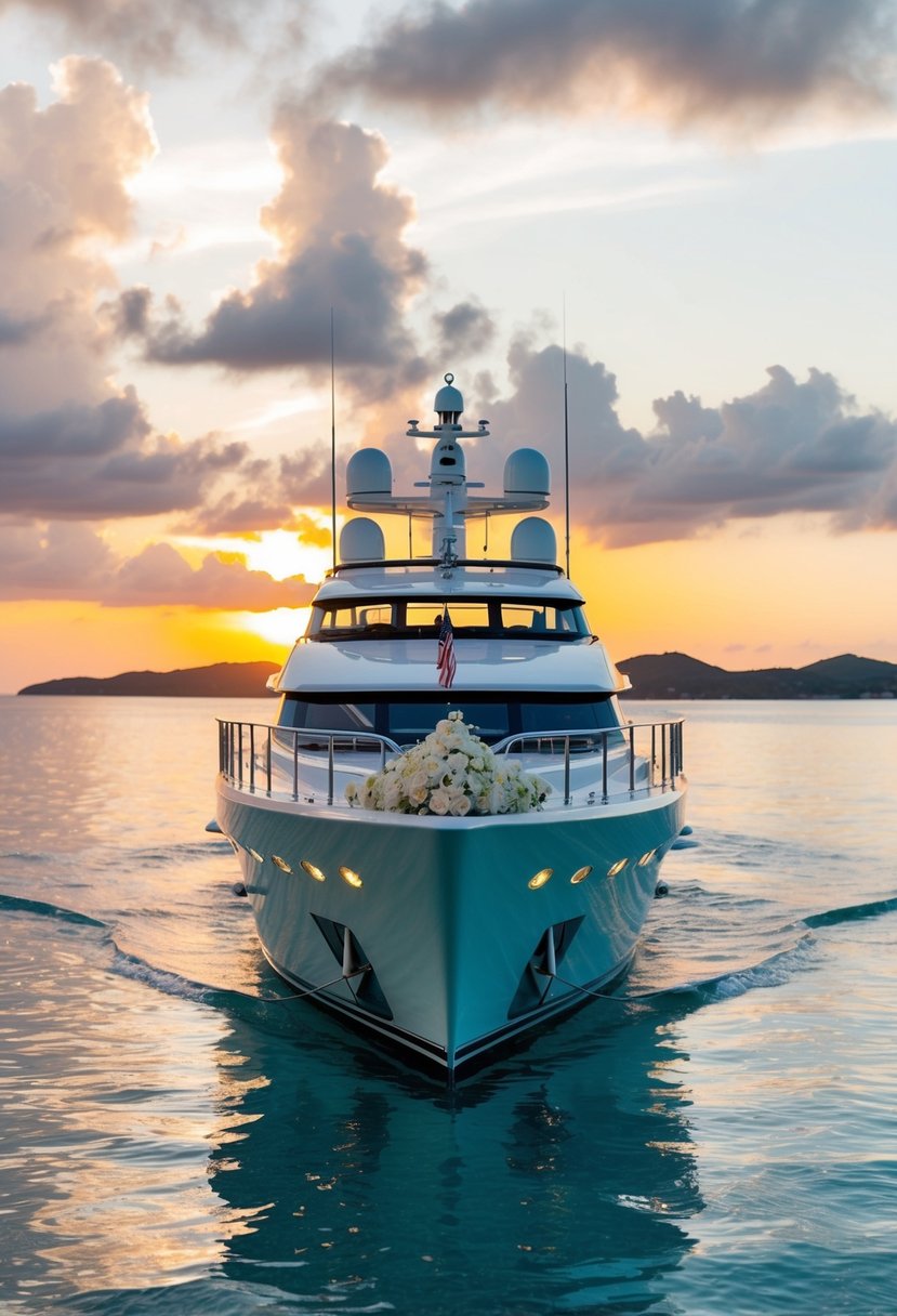 A luxury yacht adorned with elegant decor, surrounded by crystal-clear waters and a picturesque sunset, creating the perfect setting for a wedding venue