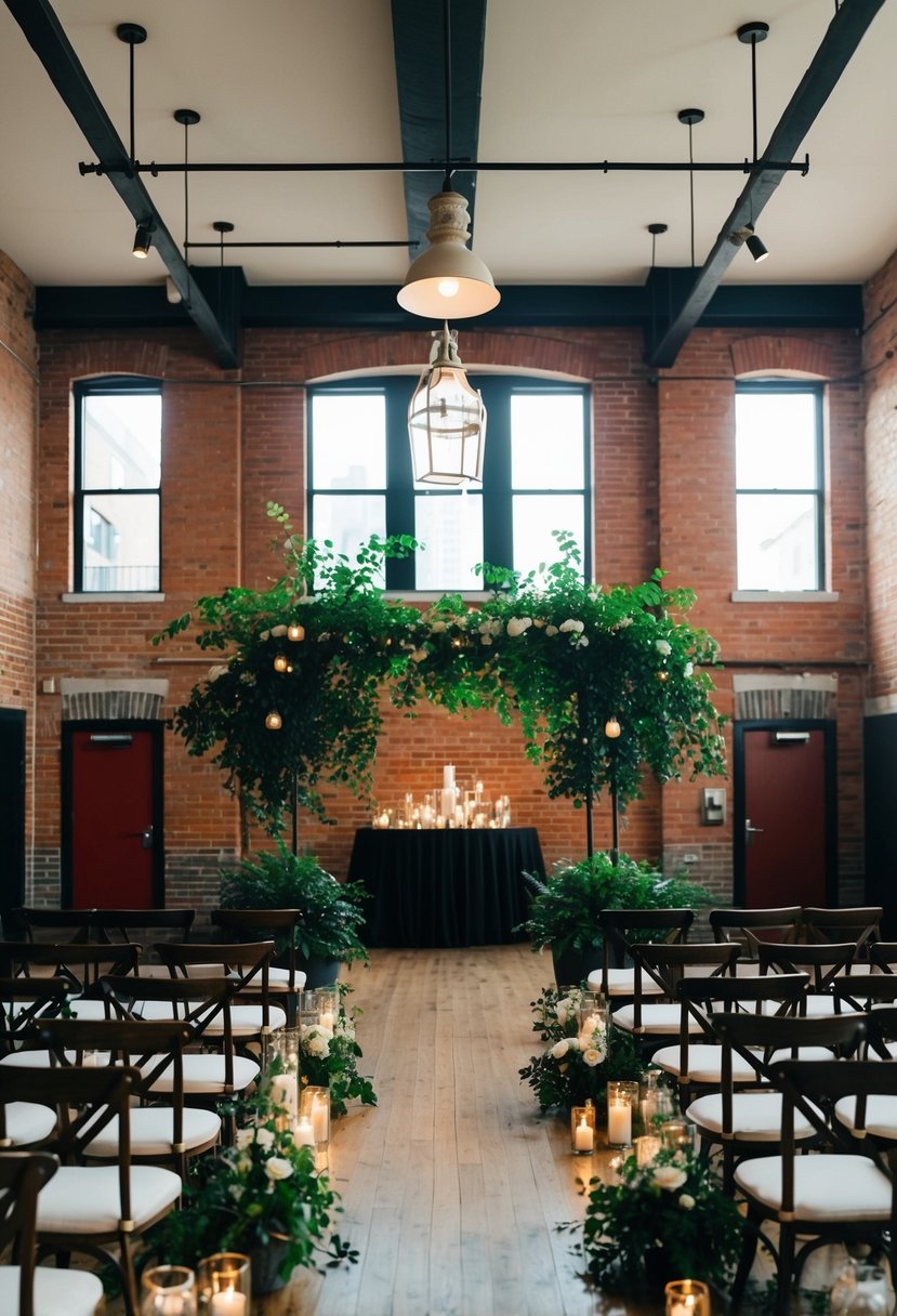 A firehouse in Chicago transformed into a plant-filled wedding venue with a Friday the 13th theme