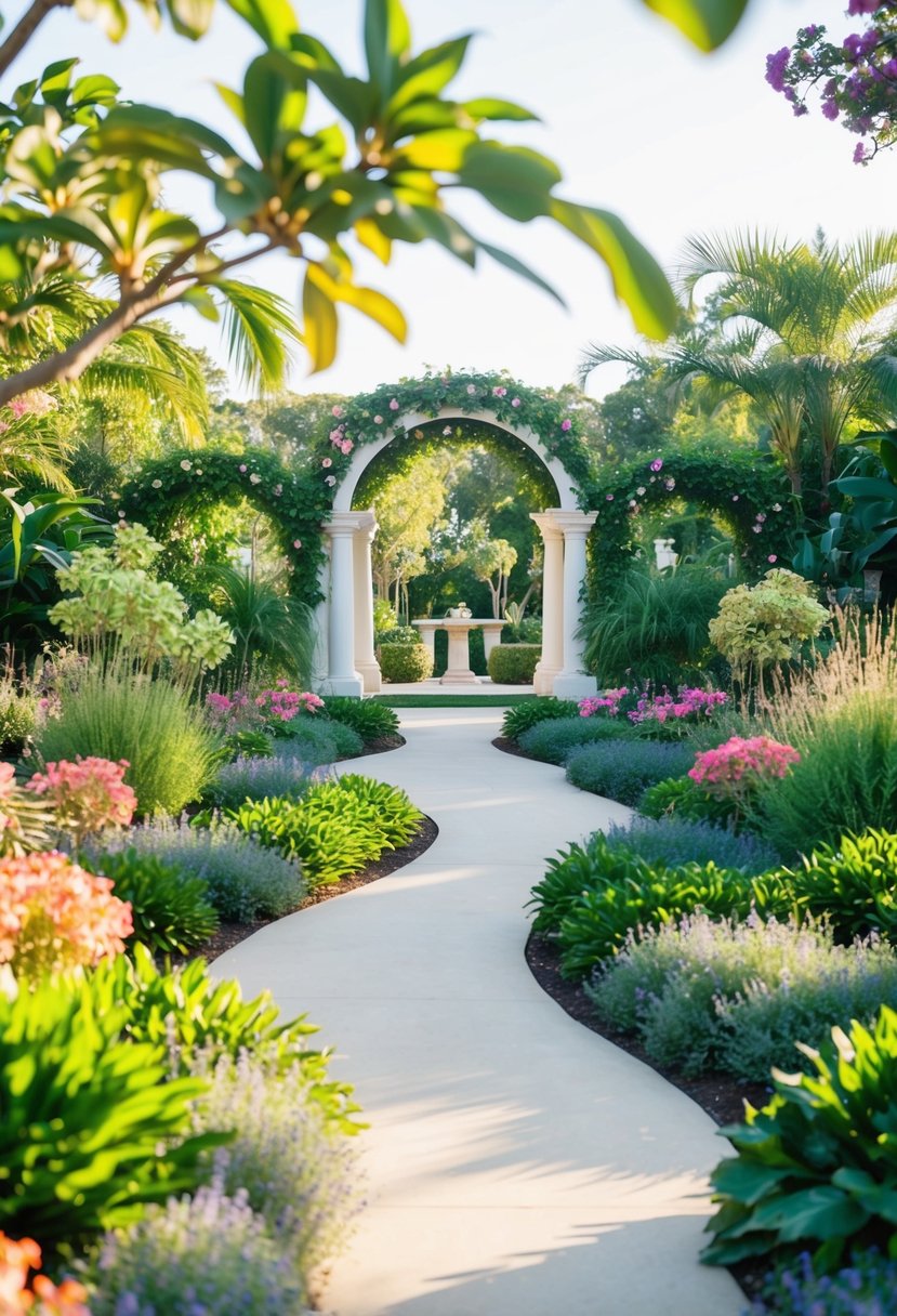 A lush botanical garden with winding paths, vibrant flowers, and elegant archways leading to a serene ceremony space