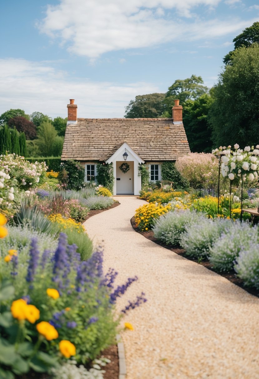 A cozy cottage nestled in a blooming garden, with a winding path leading to a picturesque outdoor ceremony space