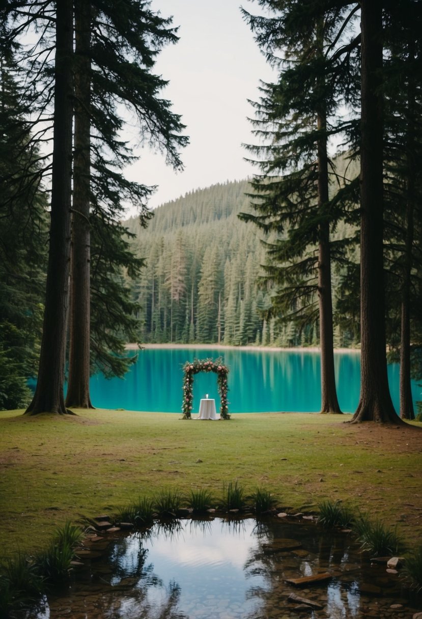 A serene clearing in a lush forest, with a small, flower-adorned altar overlooking a crystal-clear lake. Tall, majestic trees frame the scene, creating a natural cathedral for an elopement wedding