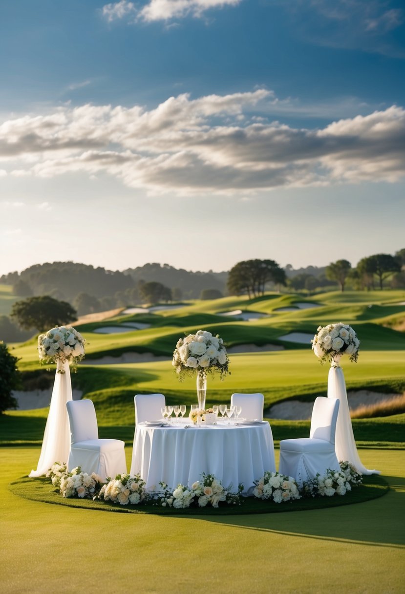 A picturesque golf course with elegant decor, floral arrangements, and a stunning view of the rolling green hills