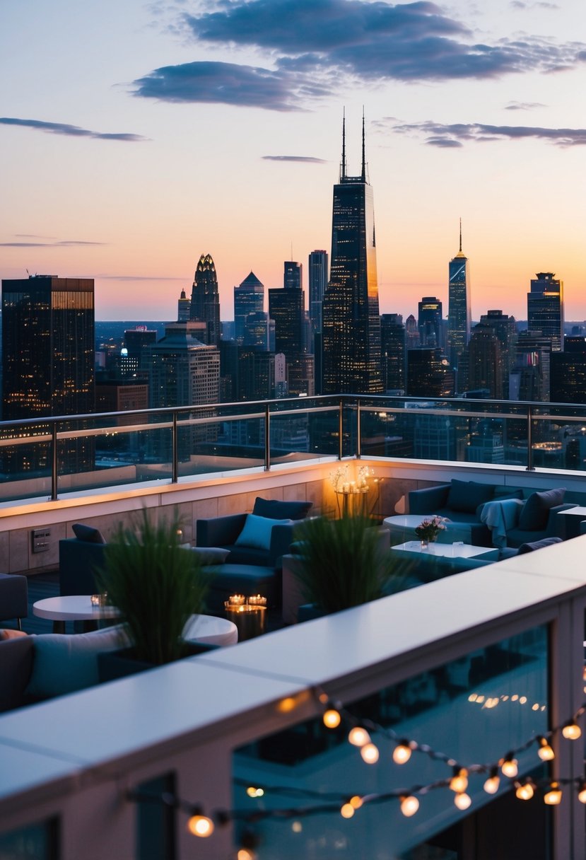 A rooftop wedding venue overlooks a city skyline at sunset, with twinkling lights and a romantic atmosphere