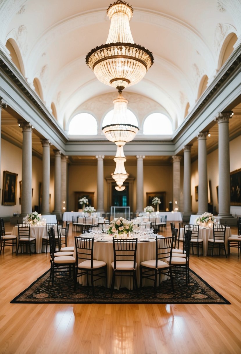 Elegant museum gallery with soft lighting and ornate decor, set up for a wedding soiree with tables, flowers, and a dance floor